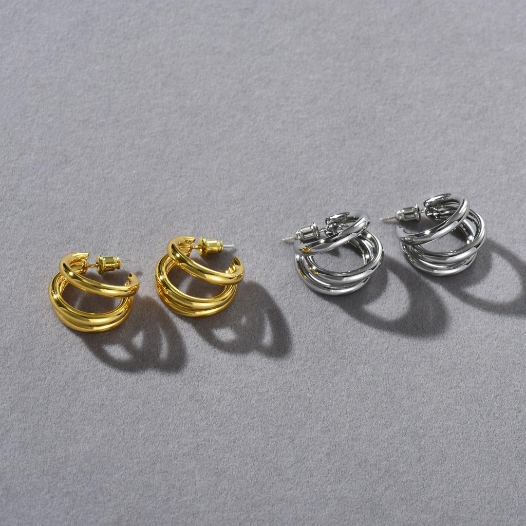 Premium Sense Retro Multi-Layer Geometric Shape High-Grade C-Shaped Circle Multi-Layer S925 Silver Needle Earrings Foreign Gas Earrings Women