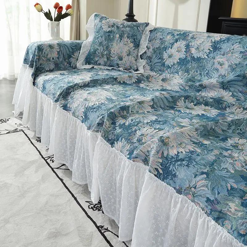 Vintage Žakárová látka na potah pohovky s vysokou hustotou Univerzální pro čtyři roční období Volánkový okraj Potah na gauč Jednodílný Prachotěsný Ručník na pohovku