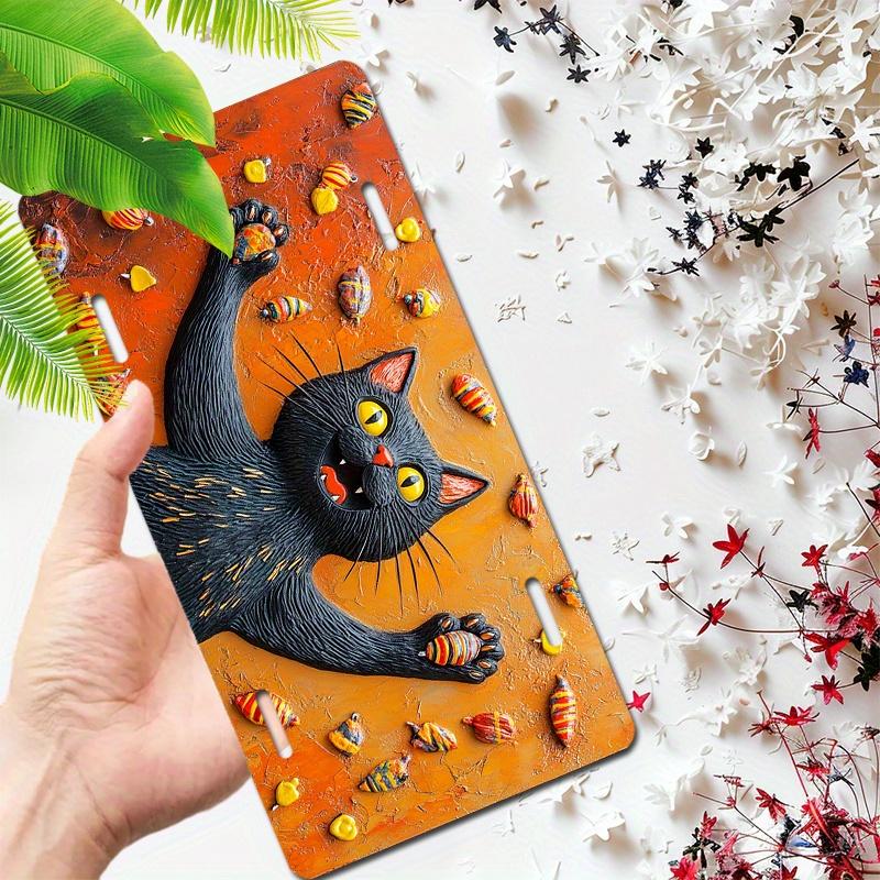

Whimsical D Textured Black Cat with Halloween Candy Aluminum Tin Painting License Plate Shape Spooky Fall Metal Wall Art Decor 15x30cm(5.9x7.8inch)