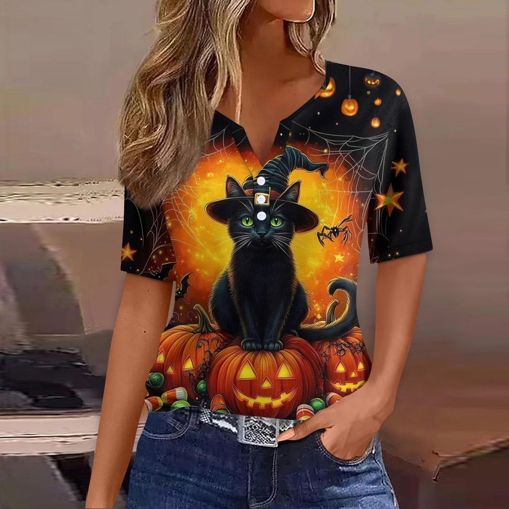 Dames T-skjorte Tee Halloween Trykket Knapp Kortermet Tunika Daglig Helgemote Basic V-hals Vanlig Topp