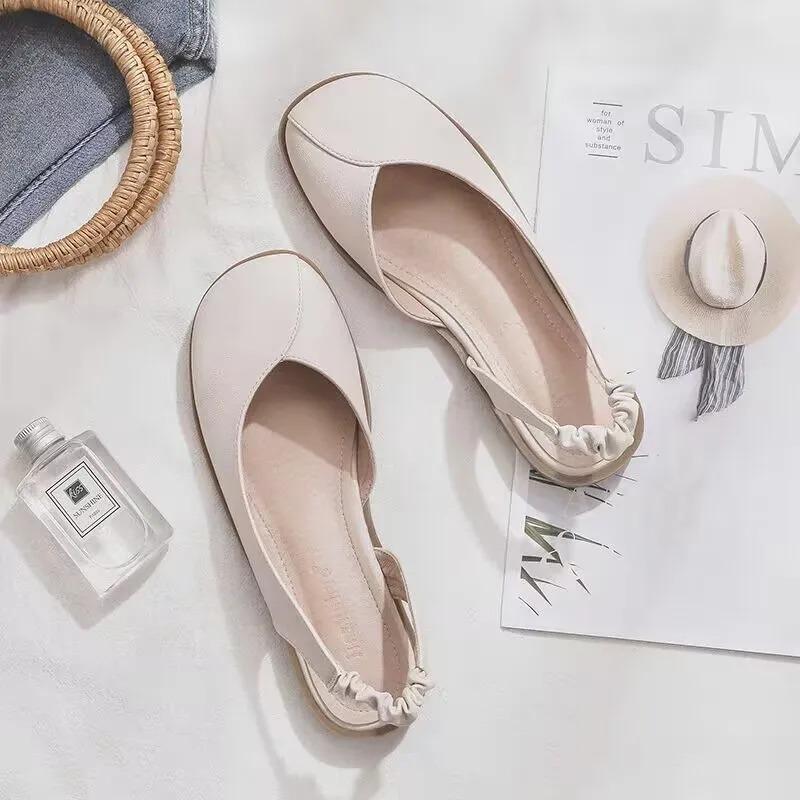 

2025 Hot Flat Square Toe Single Shoes Leather Shoes Spring Summer Sandals Elastic Rear Strap Mary Jane Shoes Woman Solid Color 40 слонова кістка