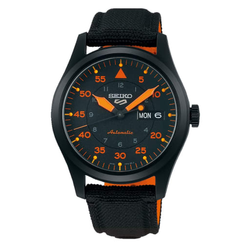 

Чоловічий годинник Seiko Five, SEIKO5 Автоматичний/Ручний Завод, Календар День/Дата, SRPH33K1, FIELD STREET MA-1, Чорний/Помаранчевий, Скелетон Задня Кришка