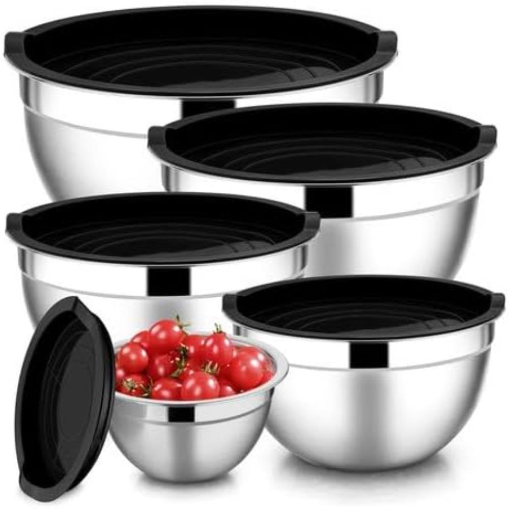 Stainless Steel Salad Bowl Silicone Bottom Thickened with Lid Cooking Basin Non Slip Egg Beating Bowls Kitchen Baking Tools