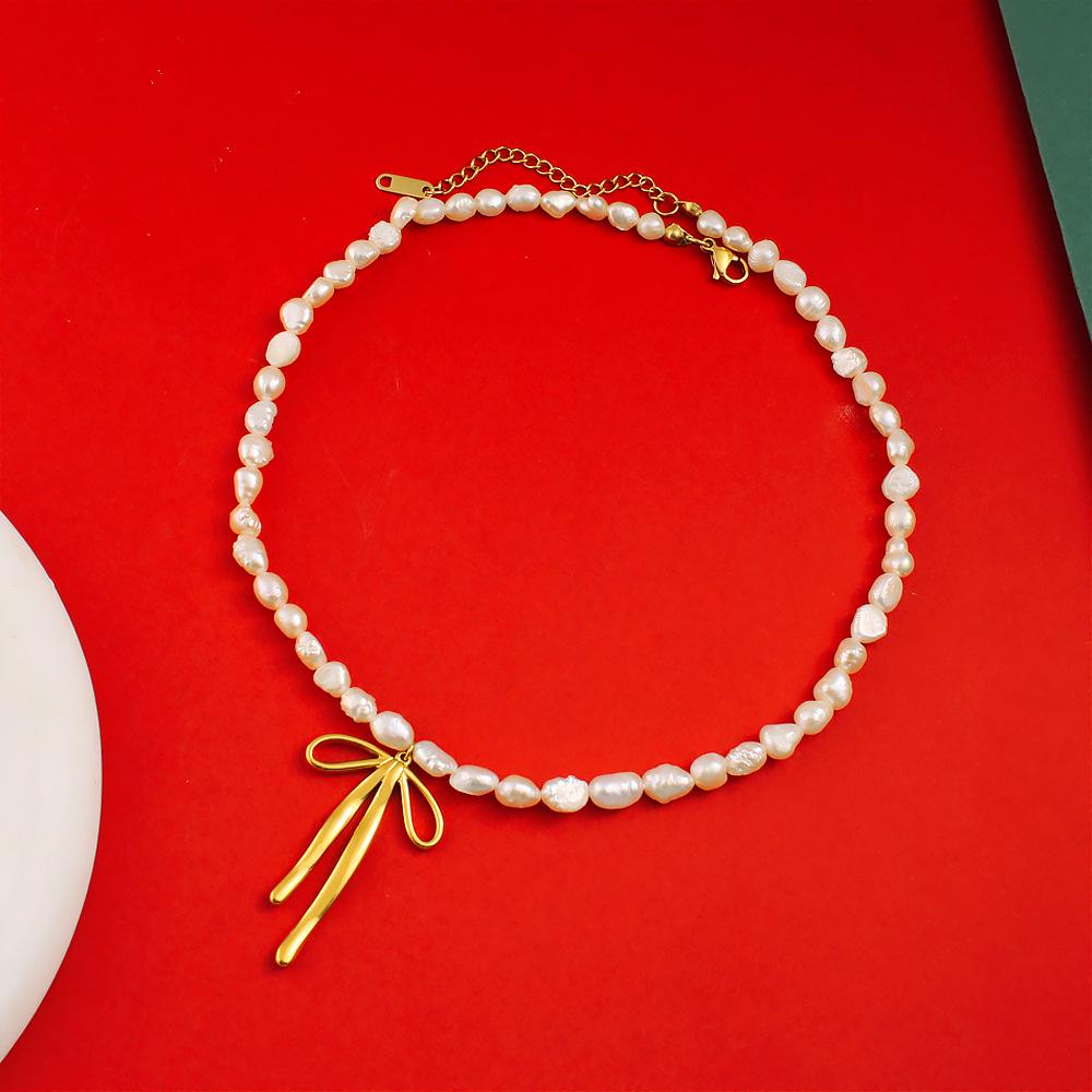 Retro Pearl Bow Pendant Necklace - Elegant Stainless Steel Clavicle Chain золотой