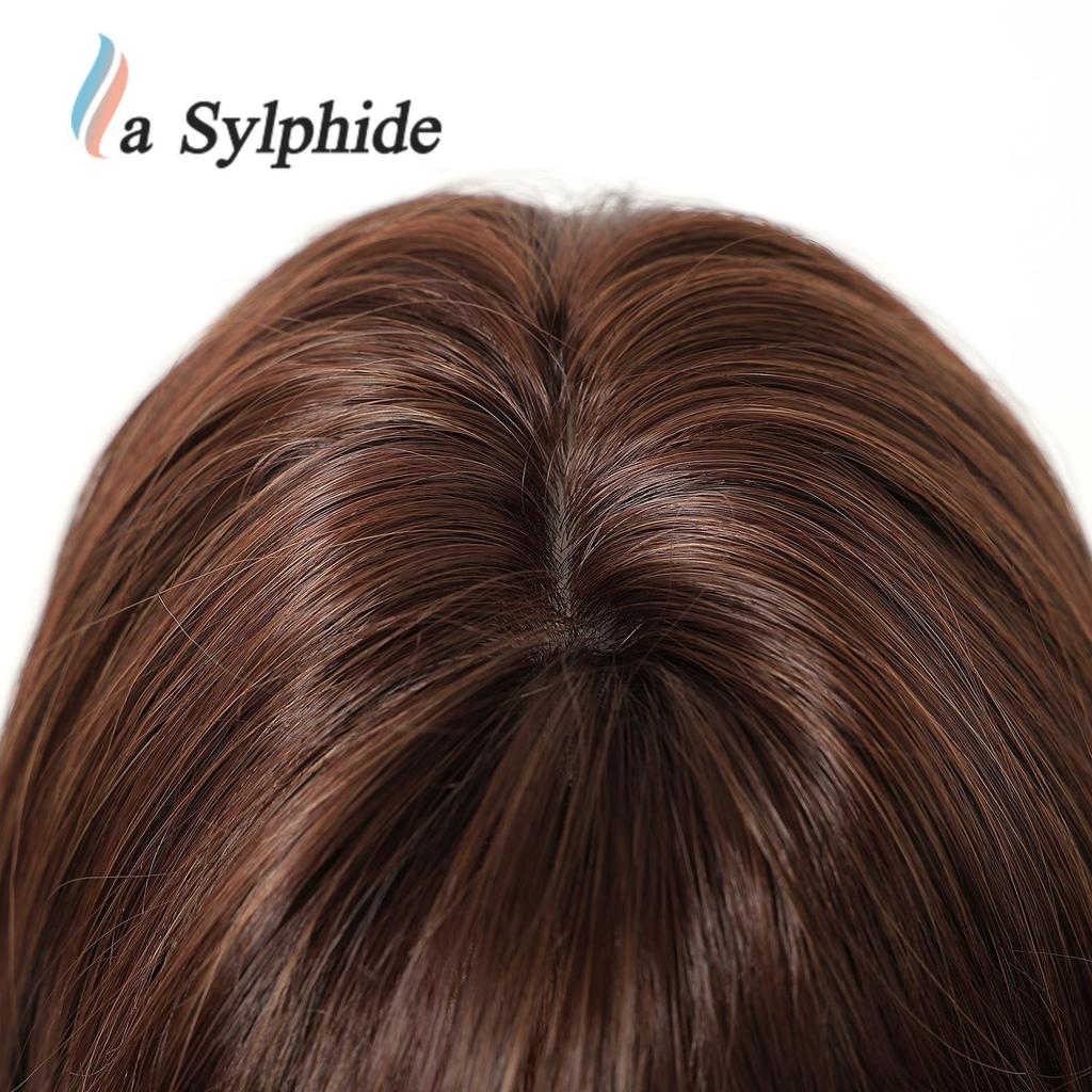 Perruque Marron Foncé pour Femme avec Frange Aérienne - Soie Haute Température, Finition Naturelle Lisse, Filet Rose