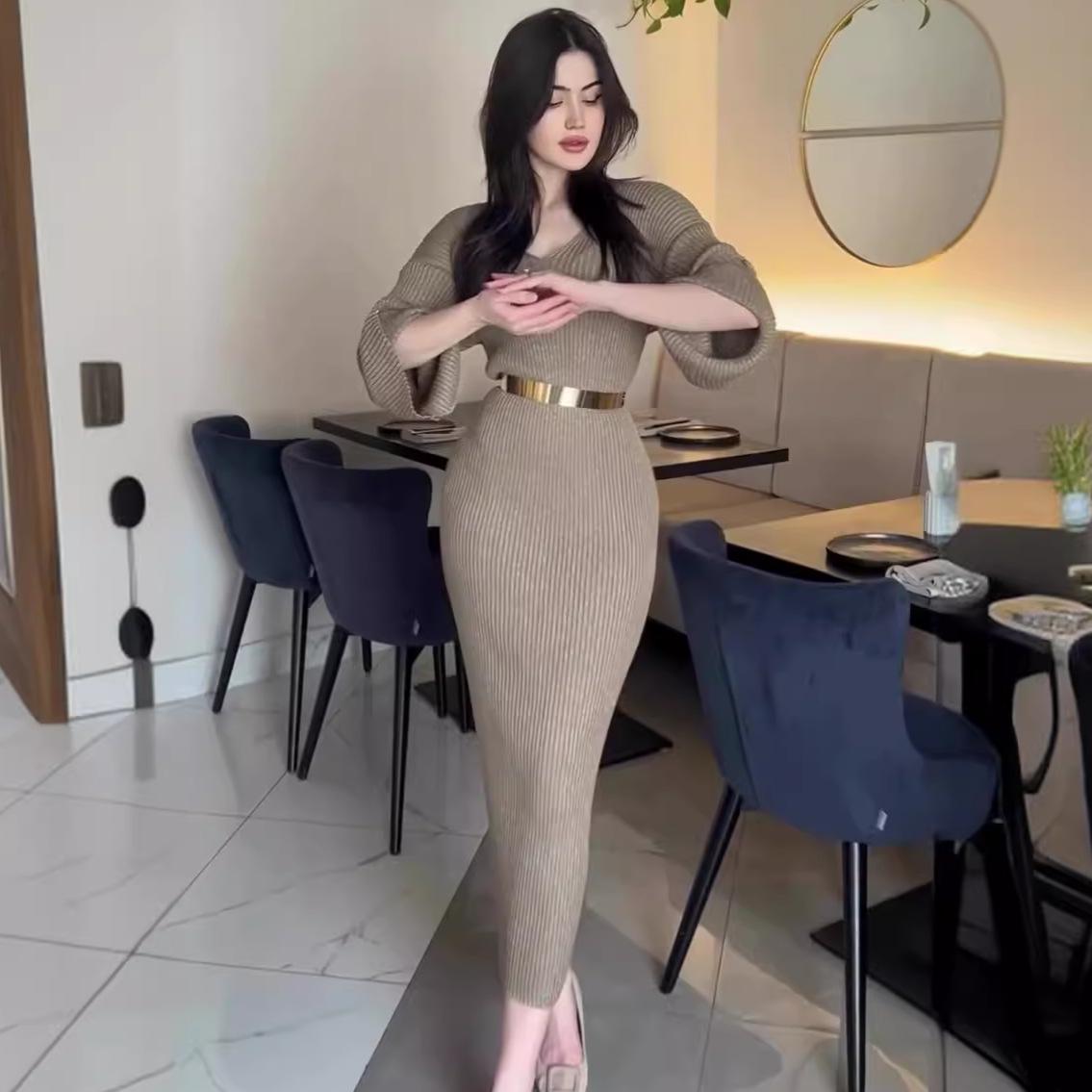 

2024 Осень Европейская и Американская Женская Однотонная Длинная Облегающая Вязаная Юбка-Бодикон S хаки