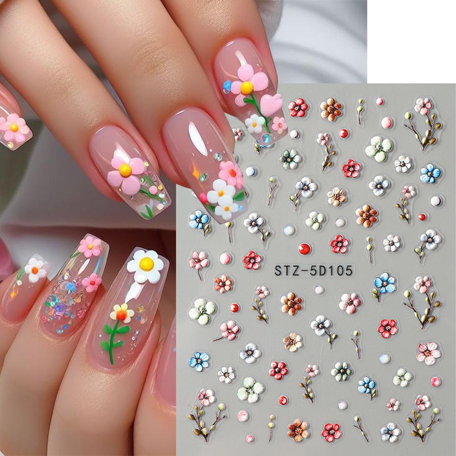 5D Black Glitter Nail Stickers Watercolor Blooming Nail Manicur Spring Floral Adhesive Transfer Decals Slider Nail Art Decor