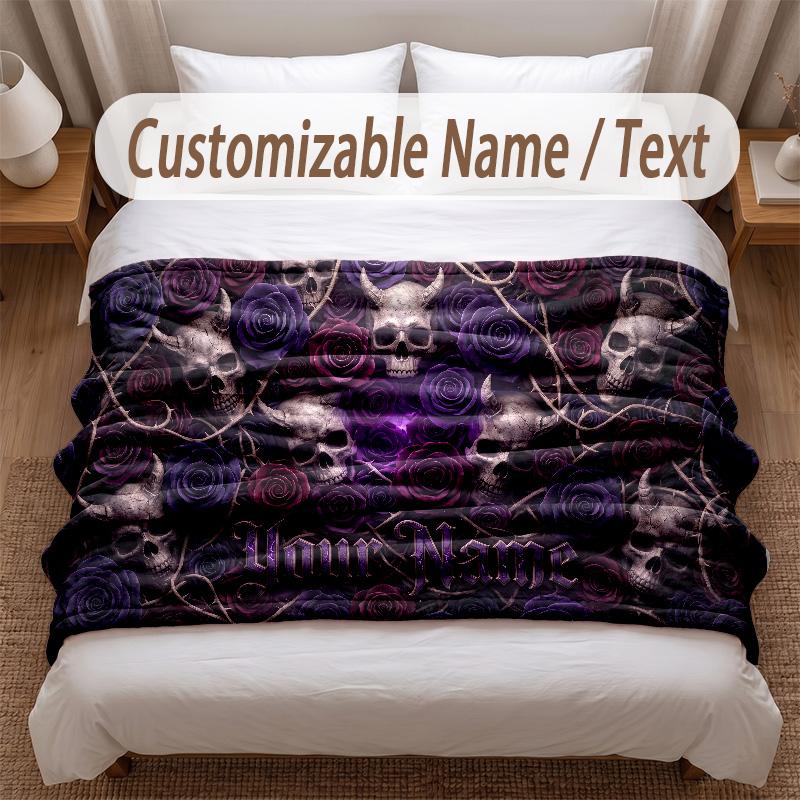 Skull Gothic Theme Soft Blanket Personalized Custom Name Text Print Warm Blanket Home Sofa Bedroom Decor