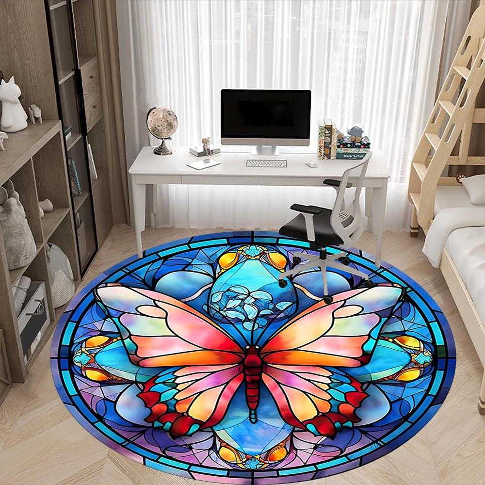 1pc Butterfly Stained Glass Office Round Rug, Non-slip, Soft and Durable Office Rug for Interior Decoration, Perfect for Office,Decoration yy260204037