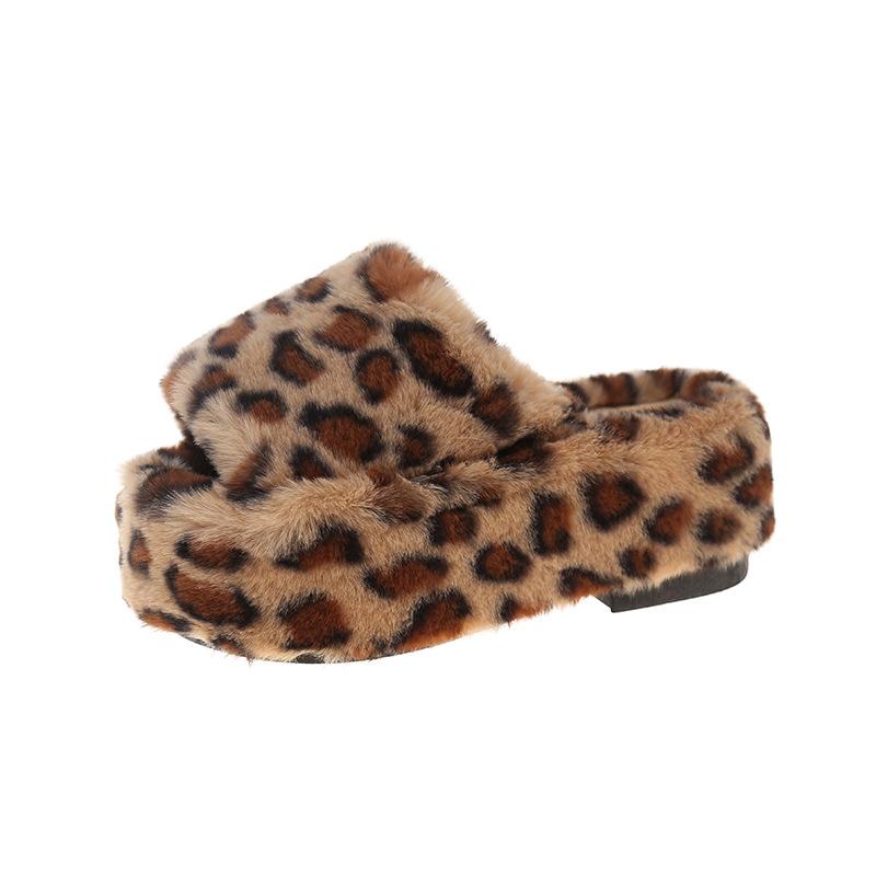 Fashion Korean Double band fur slides female warm fluffy platform shoes thicken soled winter fleeces slippers women shearling pantufa
