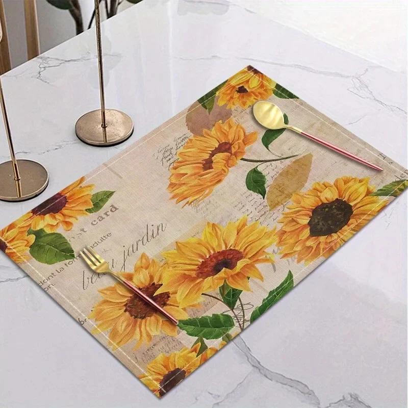

4Pcs Vintage Bohemian Linen Placemat Summer Sunflower Pattern Table Mat Tabletop for Kitchen Dining Wedding Party Gift Decor 4Pcs-30X45cm(12X18in