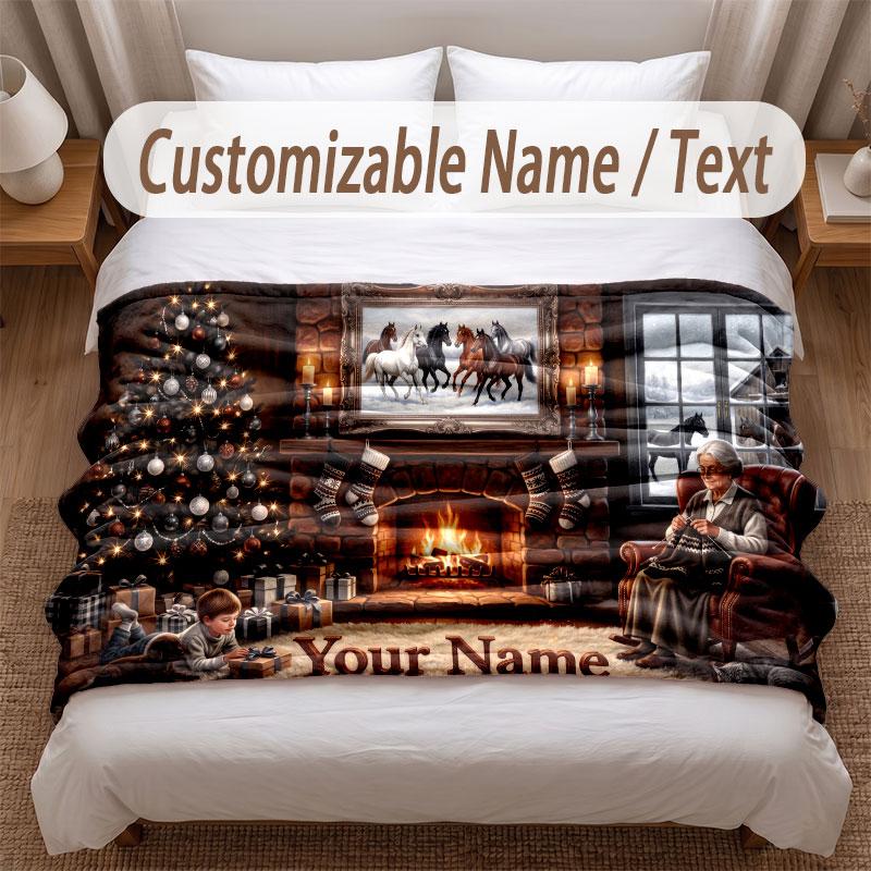 Christmas Theme Soft Blanket Personalized Custom Name Text Print Warm Blanket Home Sofa Bedroom Decor