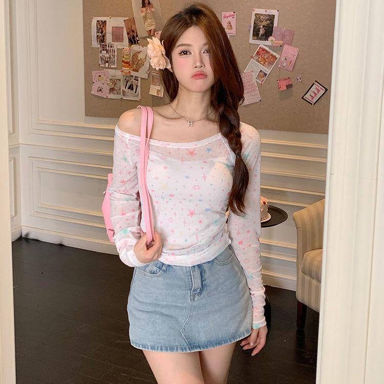 American Sweet Star Sun Protection Printed Long-Sleeve T-Shirt Slim-Fit One-Shoulder Summer Top Spicy Girl Women's Blouse