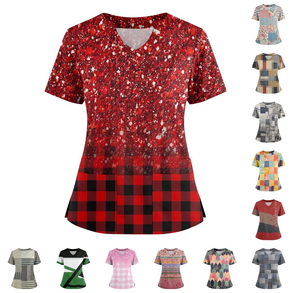 Women's Loose Short Sleeved Fashionable Square Printing V-neck Buttonable Side Slit Top T-shirt