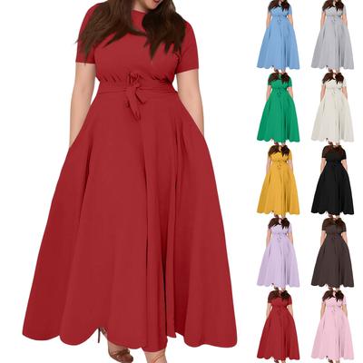 Vestido Casual de Moda para Mujer Talla Grande Color Cuello Redondo Manga Corta Bolsillo Tirantes Oscilante