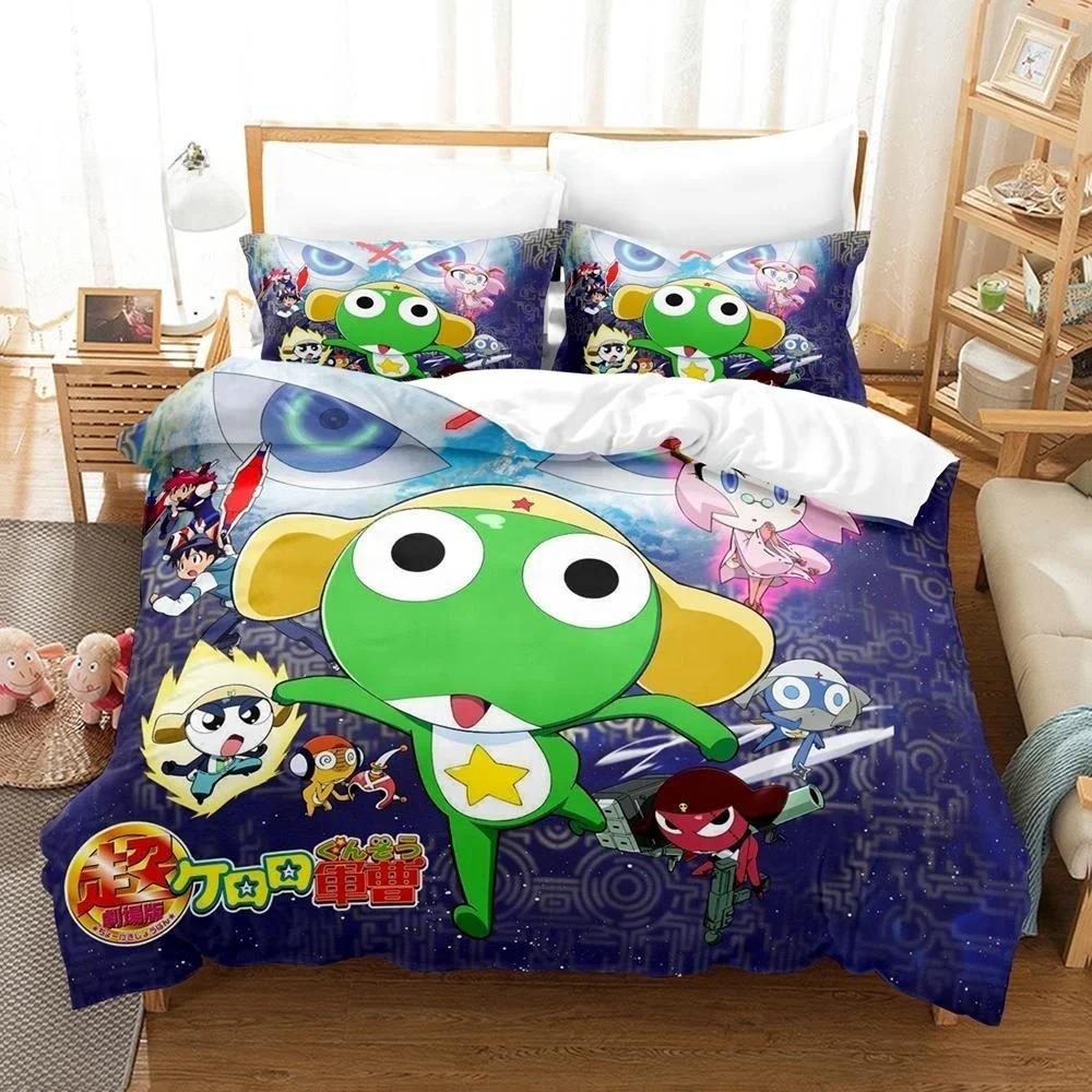 3D Kawaii Cartoons Bed Sheet Keroro Frog Bedding Set Single Twin Full Queen King Size Bed Set Adult Kid Bedroom Duvet Cover Sets