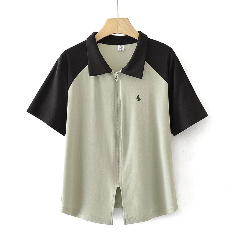 

Clearance Sale Plus Size Women s Fashion Summer Color Block Ribbed Stretch Zipper Polo Collar Printed Short Sleeve T-Shirt Green 2XL