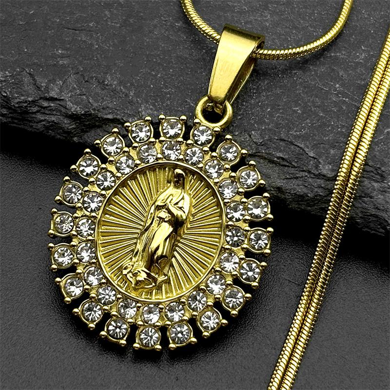Luxury Rhinestones Virgin Mary Necklace for Women Men Stainless Steel Gold Color Catholic Guadalupe Chain Necklace Jewelry Gift