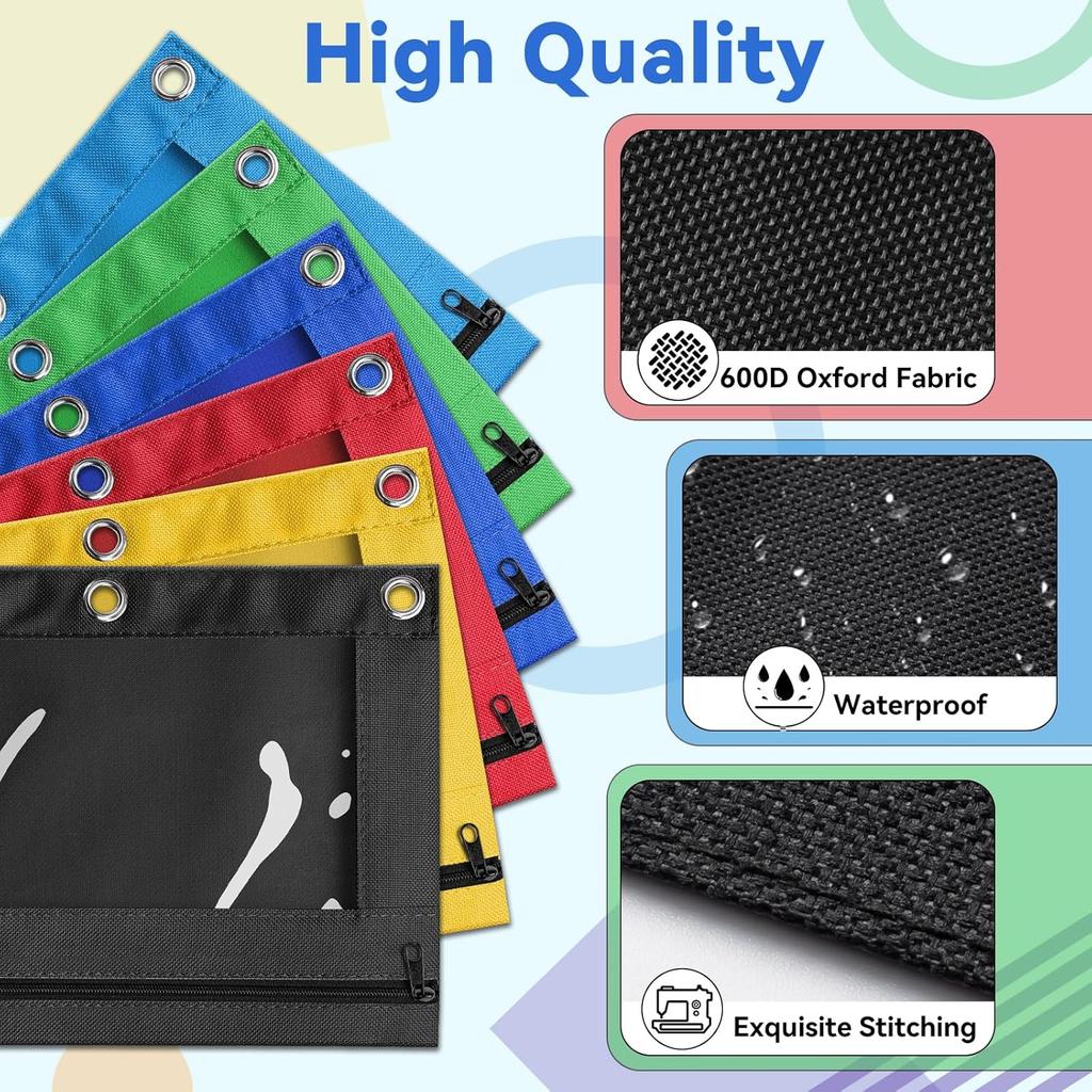 V-Opitos Pencil Pouch for 3 Ring Binder, Bulk 6 Pack 3-Holes Zipper Pencil Pouches In Assorted Colors, Sturdy and Durable Cloth Pencil Case with