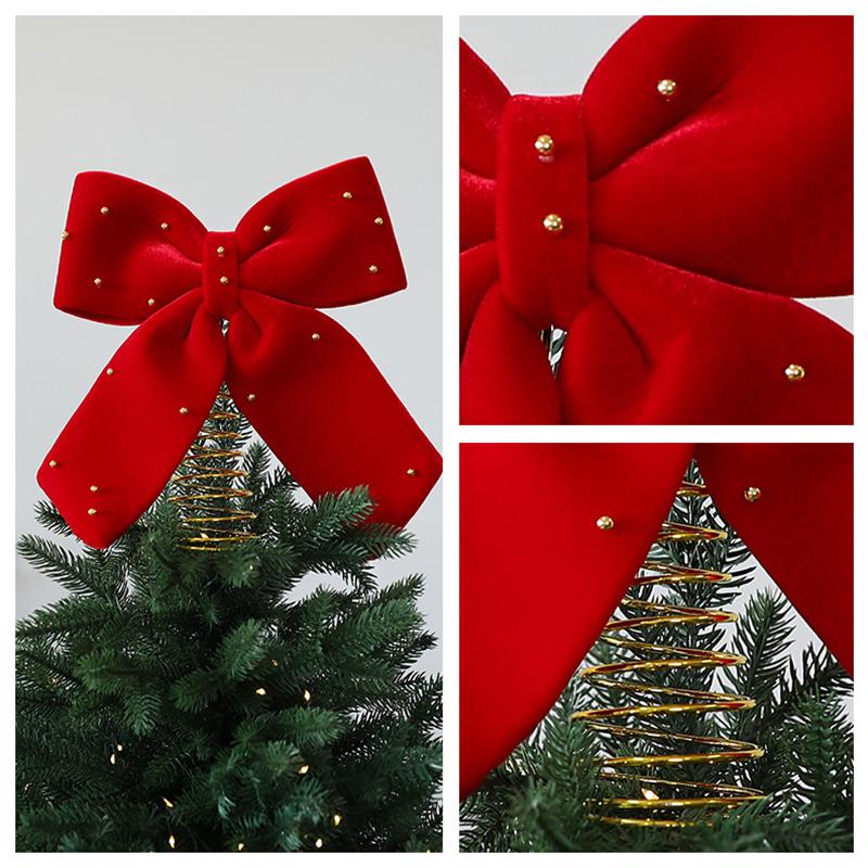 1Pc Christmas Tree Top Party Decoration Burgundy Exquisite Decoration Christmas Bow Decoration Metal Fabric