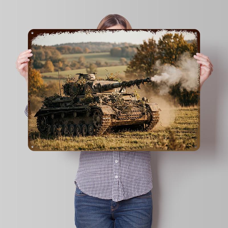 Camouflaged Tank Firing In Field Metal Poster Customized Wall Art Retro Vintage Metal Signs for Man Cave Room Ornaments House