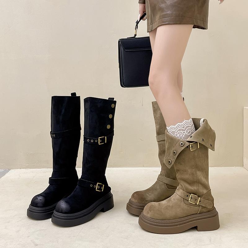 Piaohong versatile retro style thick-soled heightening medium boots for women's 2025 autumn and winter new buckle thick heel two-wear fashion boots