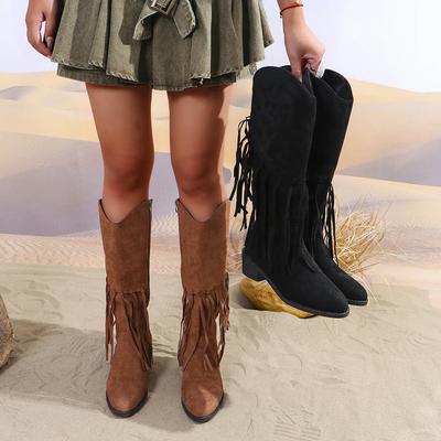 Chaussures pour femmes, bottes mi-mollet d'extérieur bohème pour femmes, nouvelle mode d'hiver 2024, bottes ethniques en faux daim à pompon pour femmes Botas De Mujer
