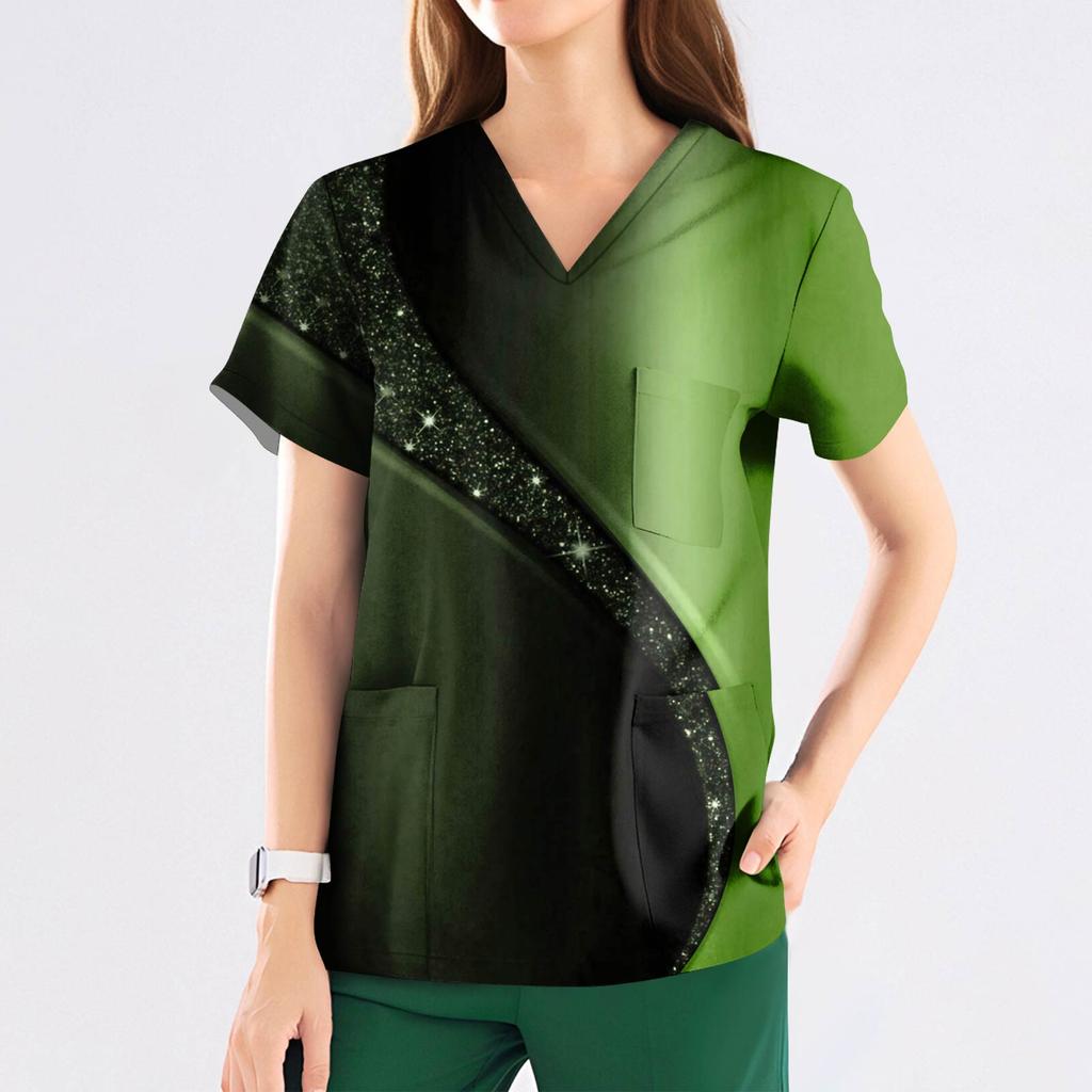 Women's Fashion Printed Short Sleeve V Neck Pattern Tops Pocket Working T-shirts