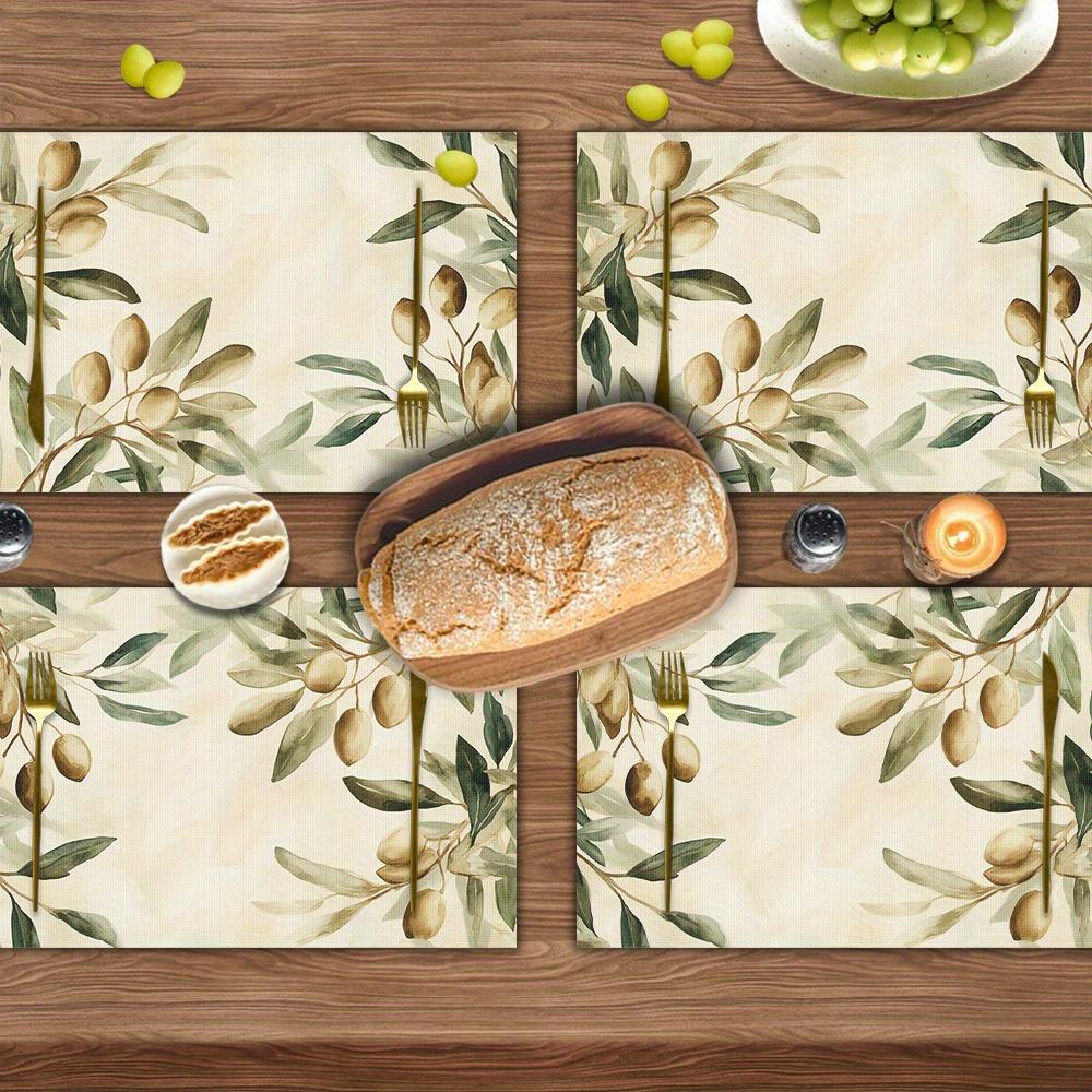 4pcs Watercolor Olive Leaf Placemats – Washable, Rectangular Design, Ideal for Dining, Kitchen & Holiday Decor