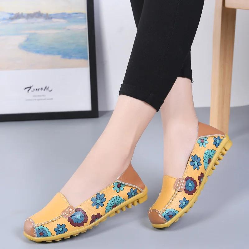 Women Flats Shoes 2025 New Fashion Ballet Summer Flower Print Women Shoes Genuine Leathe Loafers Ladies Flats Shoes Women