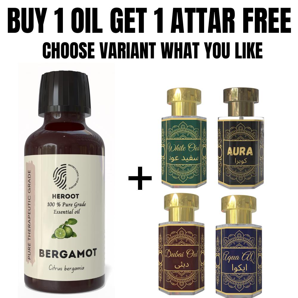 Bergamot Essential Oil 10ml for Aromatherapy & Home Fragrance with Free 6 Ml Attar – Aqua AQ, Dubai Oud, Aura, White Oud