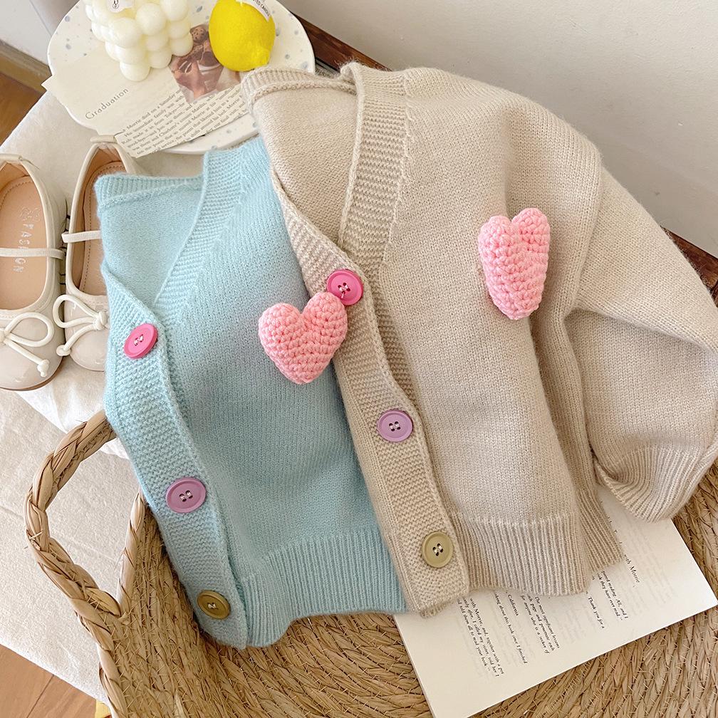 Girls' 3D Heart Knit Cardigan Sweater - 2025 Trendy Top for Baby Girls