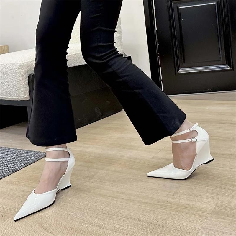 Fashion Eilyken Fashion Pointed Toe Wedges Heels Women Pumps Fashion Double Buckle Strap Sandals Wedding Party Mule Shoes