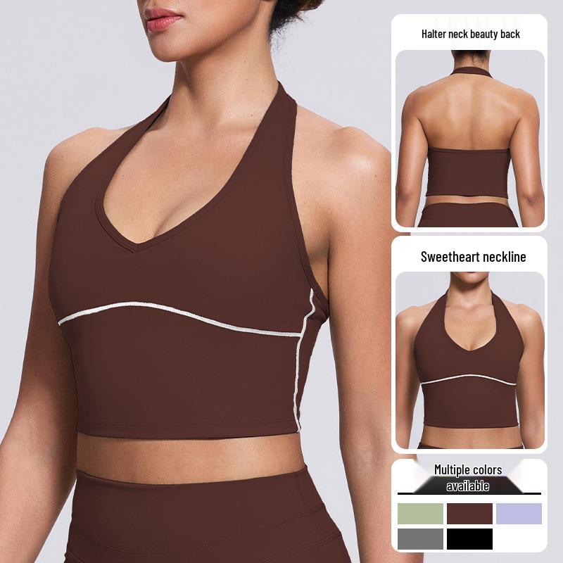 

High-Intensity Yoga Bra: Beautiful Brushed Back Halter Neck Sports Bra & Running Vest L (Recommended weight 120-135 jin) кавовий