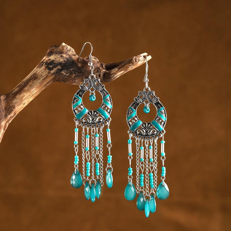 Bohemian Ethnisch Lang Blau Acryl Kristall Wassertropfen Ohrringe für Damen Retro Temperament Geometrisch Hängende Ohrringe Schmuck