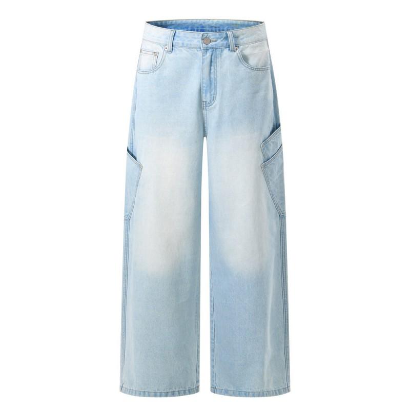 Mens Light Wash Distressed Jeans High Street Loose Straight Leg Cargo Pants With Pockets