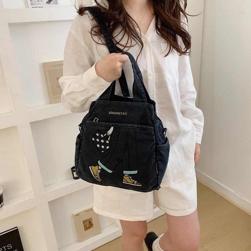 Bolso de Mezclilla Bordado Estampado Bolso Grande de Hombro Cruzado
