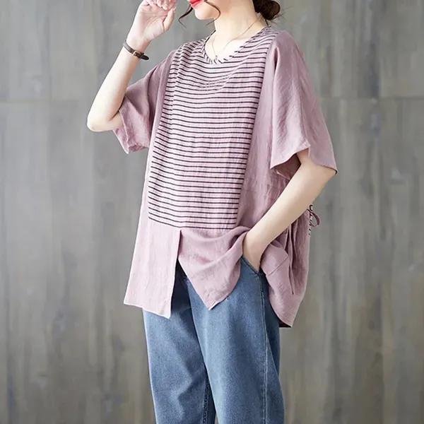 Mode Gestreiftes Patchwork T-Shirts Sommer Kurzarm Locker Einfarbig Schlitzsaum Lässige Oberteile Tees Vintage Trend Damenbekleidung