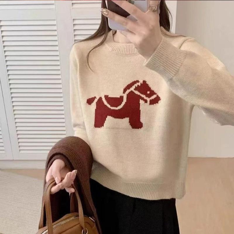 Cute Jacquard Horse Pattern Knit Sweater - Women's Red Christmas Edition