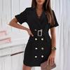 Women Summer Casual Short Sleeve A-Line Dress Solid Color Double Breasted Suit Collar Above Knee Belt High Waist Spring Dresses