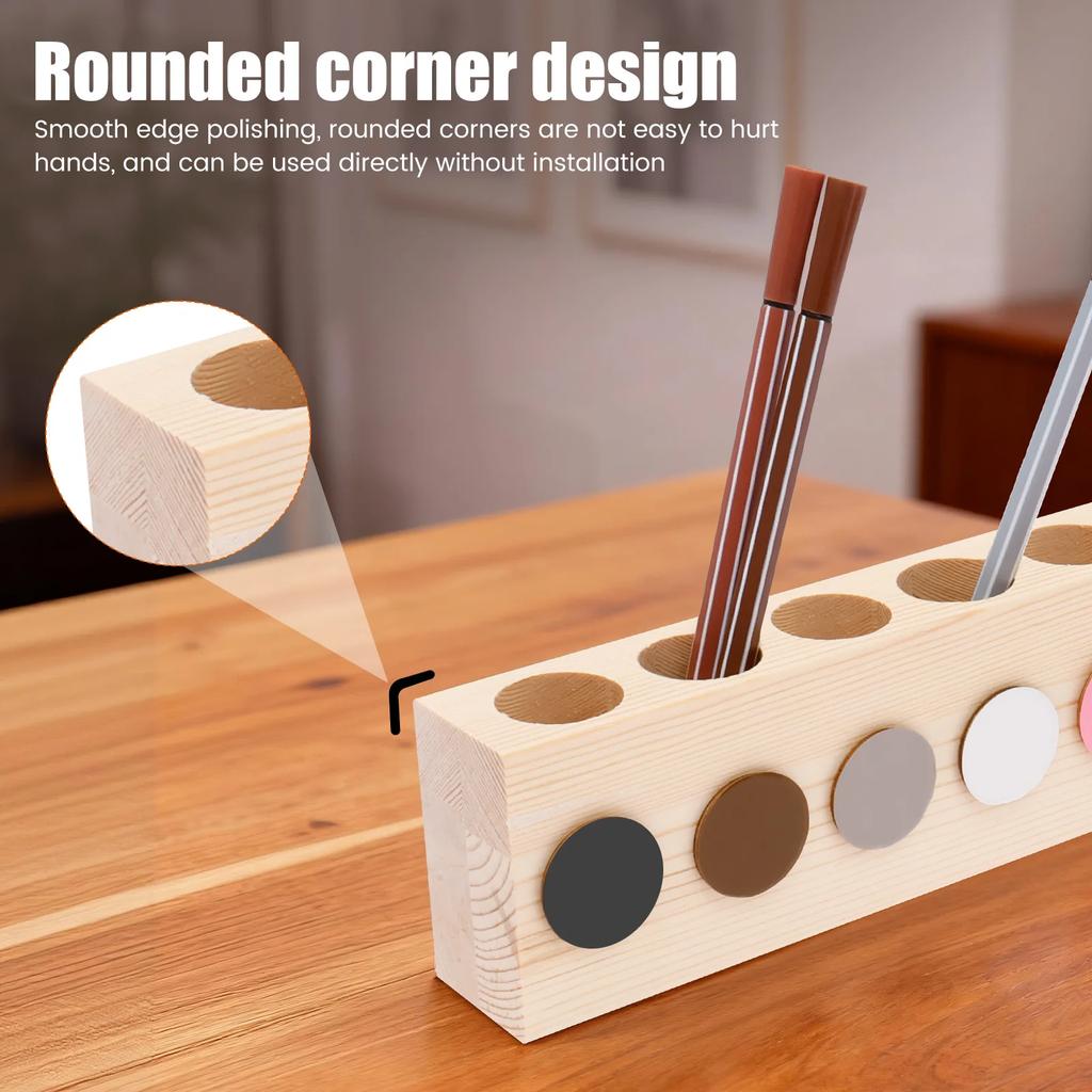 Wood Pencil Holder with 11 Holes Rounded Corner Design Pen Holder Creative Desktop Stationery Organizer Decorative School Office