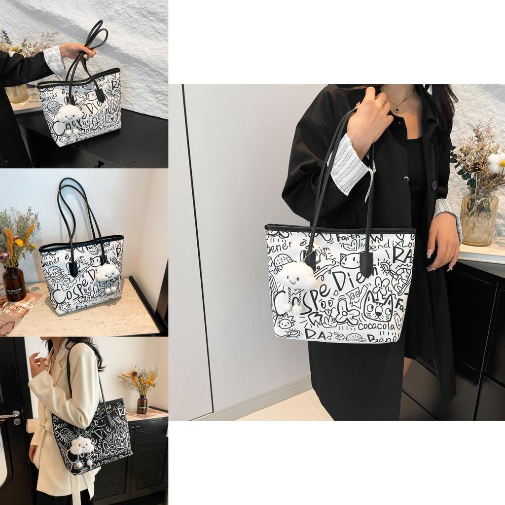 Street Fashion Graffiti Tote Bag For Women Pu And Fabric Blend Large Capacity Zip Closure Phone Pocket Daily Commute Essentials