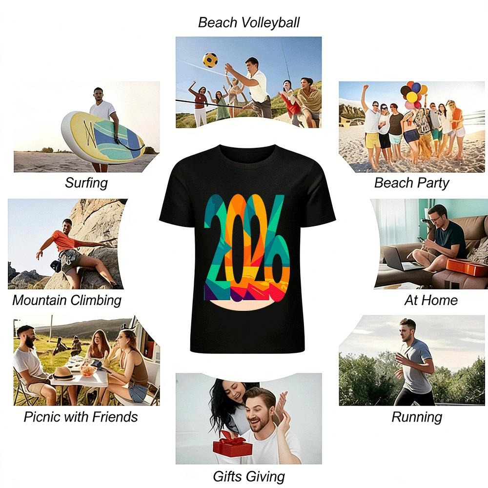 2026 Number Print Casual Short Sleeve Trendy New Year Top Pure Cotton T-shirt