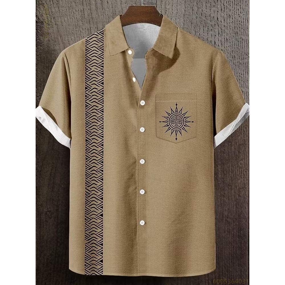 2026 New Men's Striped Sun God Totem Print Hawaiian Collar Short-Sleeve Shirt, Casual, Loose, Comfortable, and Versatile Top