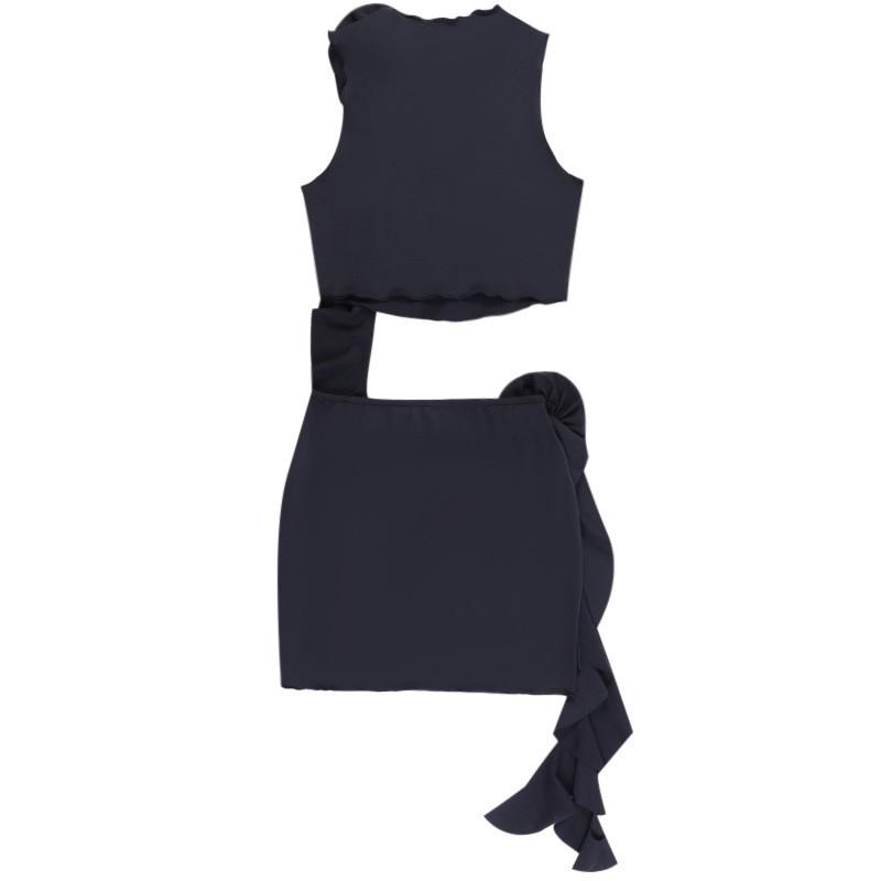 Fashion Women's Solid Neck Hollow Tie Split Sexy Body Building Dress