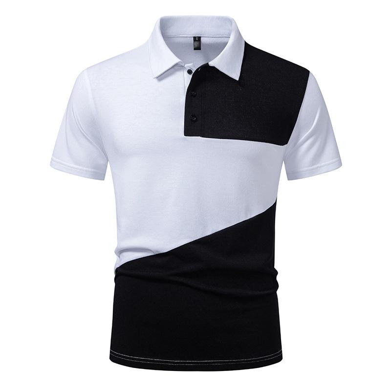 Pánske zakrivené diagonálne farebné blokové polo tričko - Čiernobiela kontrastná patchworková košeľa s gombíkmi Ležérne Streetwear & Denné topy XXL biela