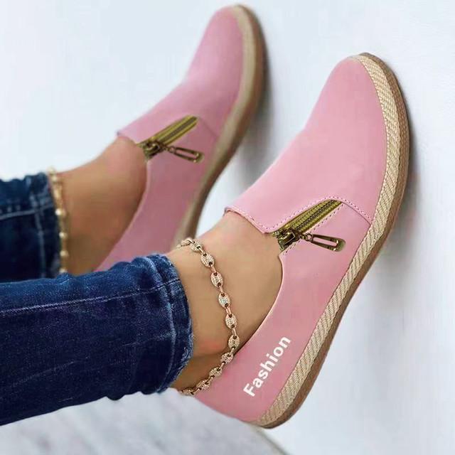 Zapatos Casuales Azules Moda de Dama Color Sólido Punta Redonda Boca Baja Cremallera Lateral Zapatos Planos Casuales Zapatos de Color