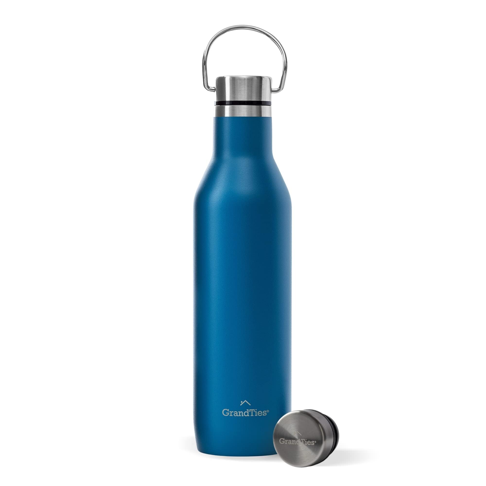 

GRANDTIES Traveler Bottle, 620ml, available in six colors (Cobalt Blue), with two lids. This stainless steel bottle features a double-walled vacuum