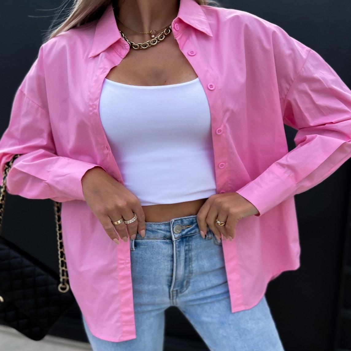 

Женская большая рубашка, однотонная, яркий топ, повседневная футболка, рубашка на пуговицах, женское пальто M розовый