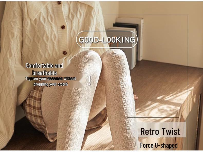 Women's Japanese Retro Cable Knit Fleece-Lined Stirrup Leggings - Autumn/Winter Style White Pantyhose